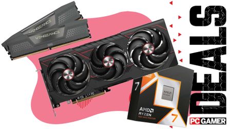 System memory, a graphics card, and a Ryzen CPU on an abstract pink background