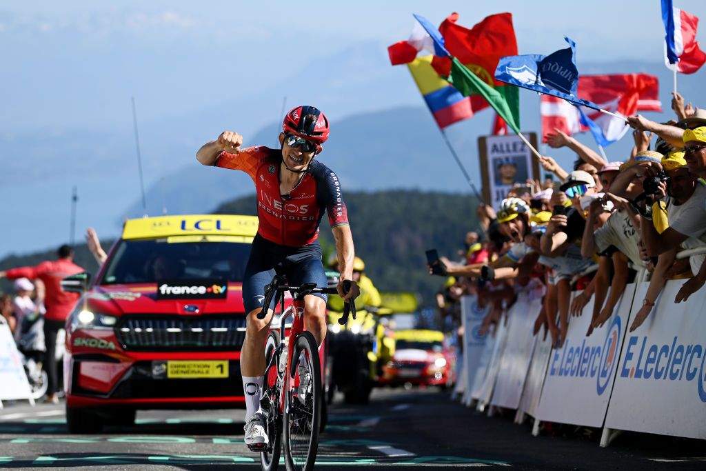 GRAND COLOMBIER FRANCE JULY 14 competes during the stage thirteen of the 110th Tour de France 2023 a 1378km stage from ChtillonSurChalaronne to Grand Colombier 1501m UCIWT on July 14 2023 in Grand Colombier France Photo by Tim de WaeleGetty Images