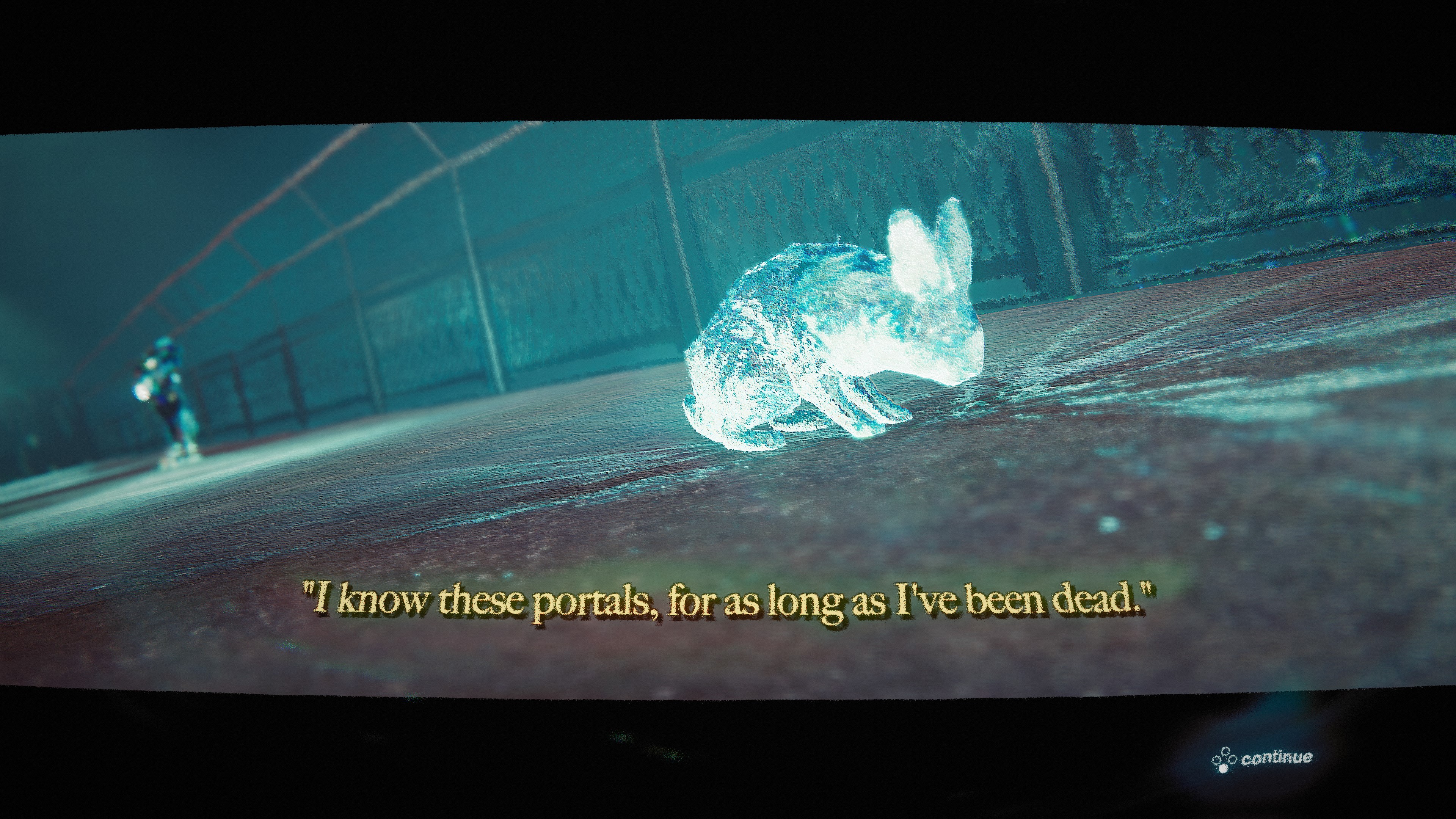 A ghostly rabbit in Skate Story. The subtitles read, 