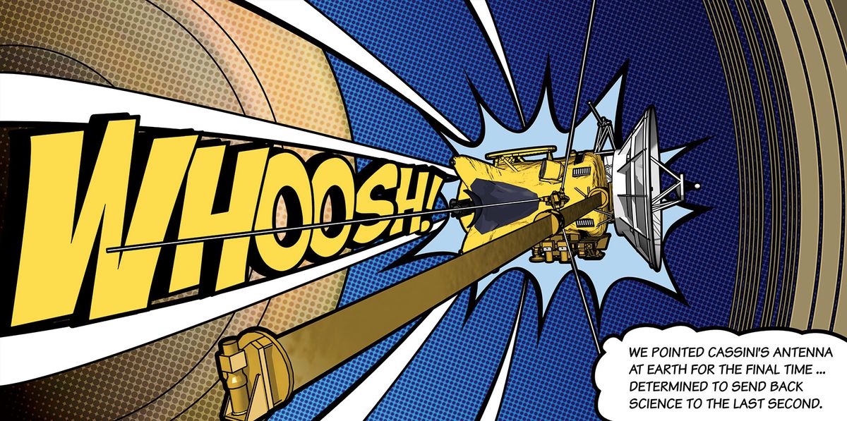 A spacecraft with a long WHOOSH spelled out behind it in comic-book style