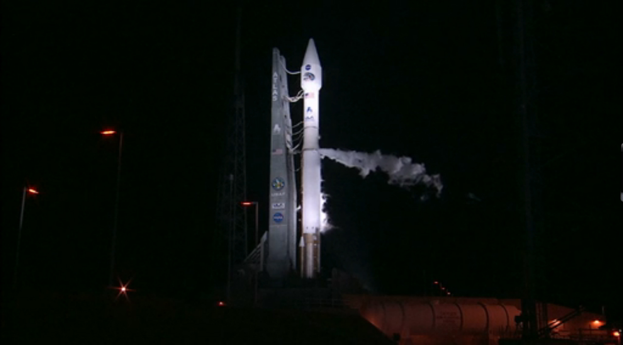 Photo of the United Launch Alliance Atlas 5 rocket stands poised to launch NASA&#039;s Radiation Belt Storm Probes mission into orbit early on Aug. 25, 2012, from Cape Canaveral Air Force Station in Florida. 