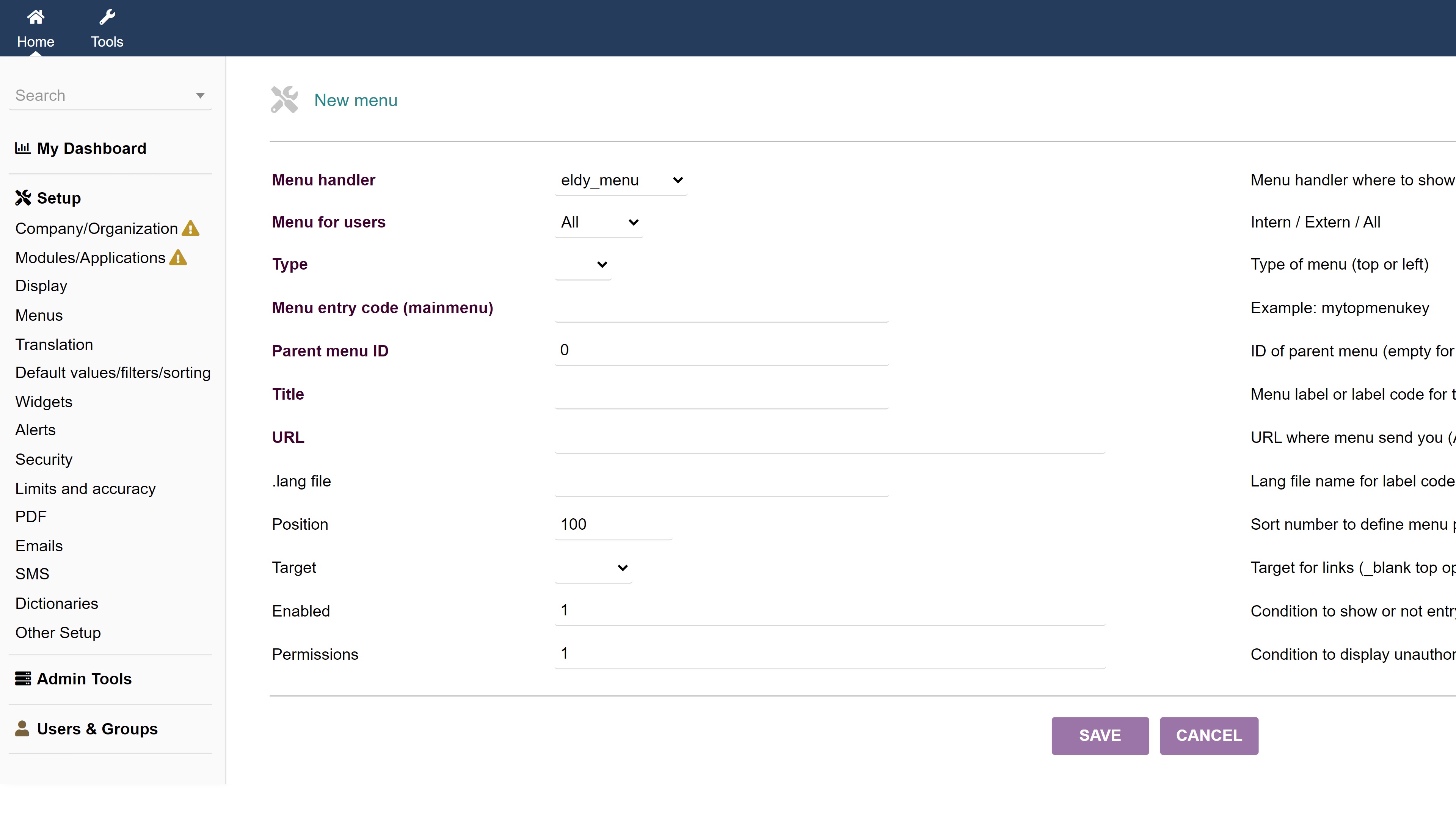 Dolibarr menu customization page