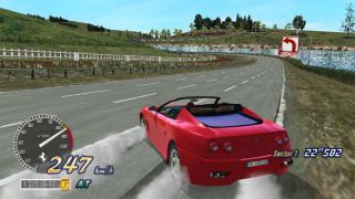 A screenshot from the PS2 game OutRun 2006: Coast 2 Coast, showing a red car skidding on a round with smoke coming out of its wheels.