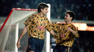 18 September 1991, London - European Cup Football - Arsenal v FK Austria Wien - Alan Smith of Arsenal celebrates scoring their 2nd goal with Anders Limpar - (Photo by Mark Leech/Offside via Getty Images)