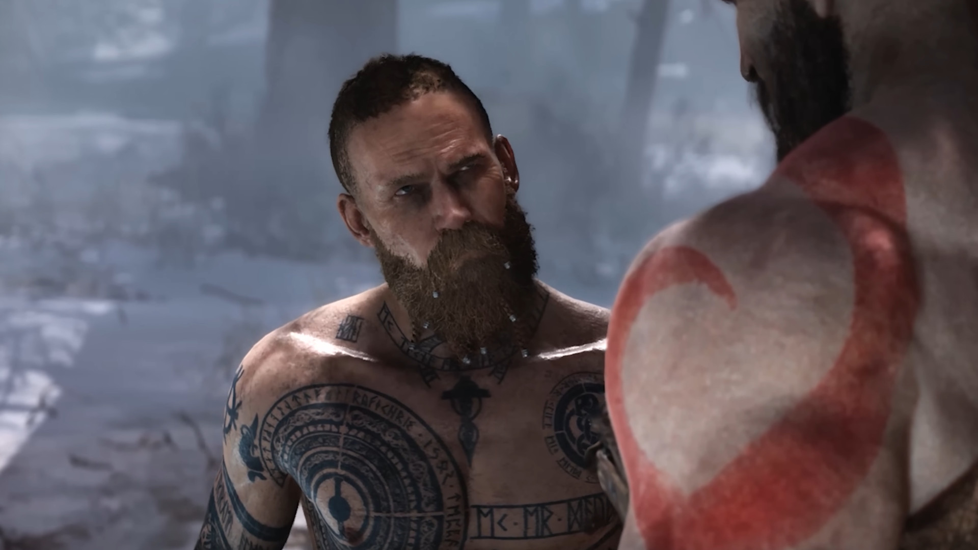 Baldur squaring up against Kratos