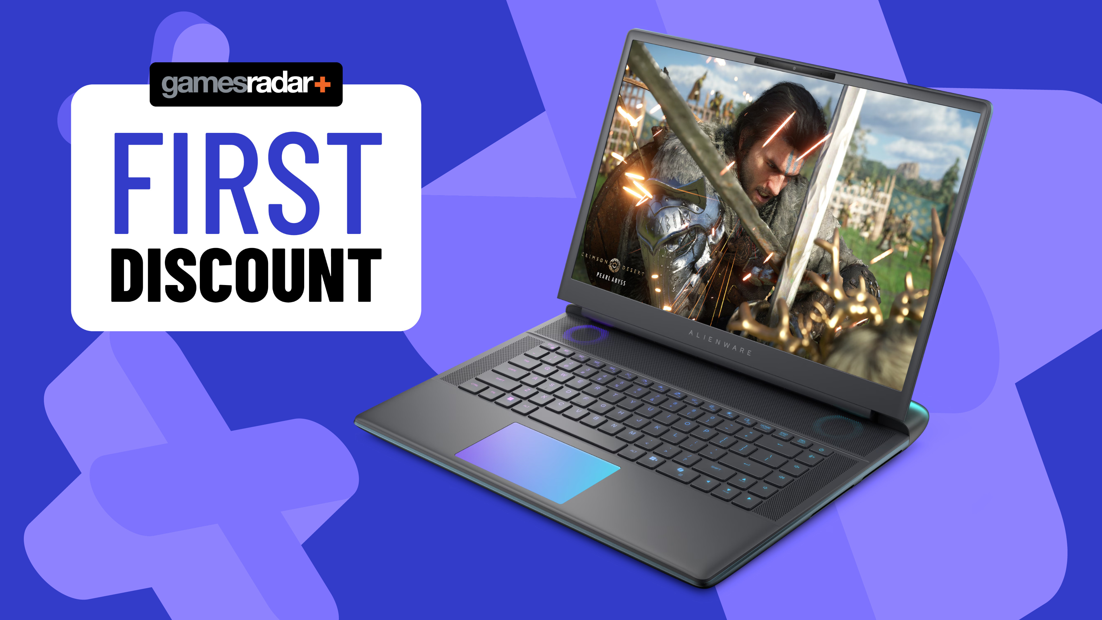 Alienware 16 Area-51 gaming laptop on a blue background with first discount badge