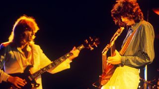 Led Zeppelin play Stairway to Heaven at Knebworth on August 11, 1979 in Knebworth, United Kingdom.
