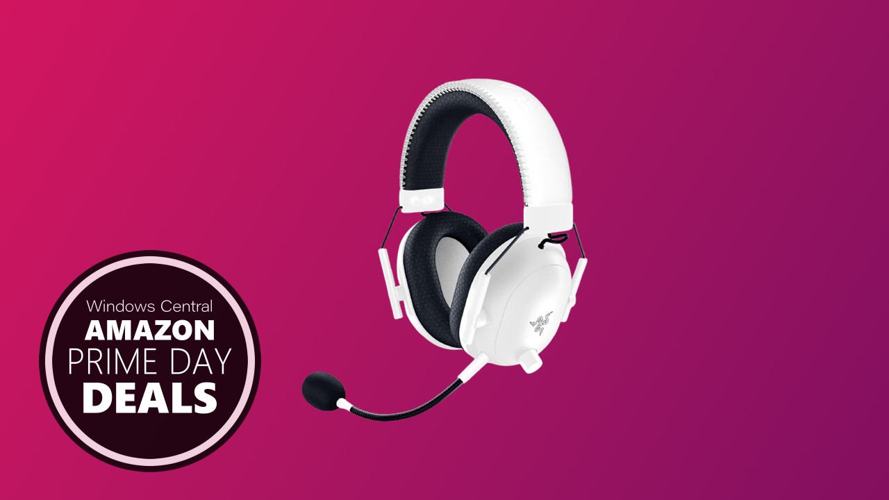 A Razer Blackshark V2 Pro Headset on a pink gradient with a badge that reads &quot;Windows Central Amazon Prime Day Deals&quot;