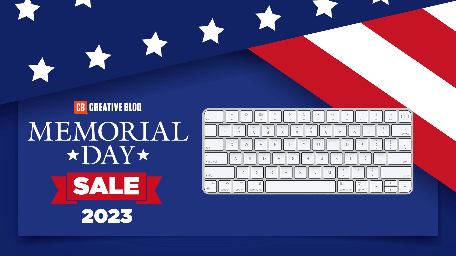 Apple Magic Keyboard on a Memorial Day 2023 background with stars and stripes