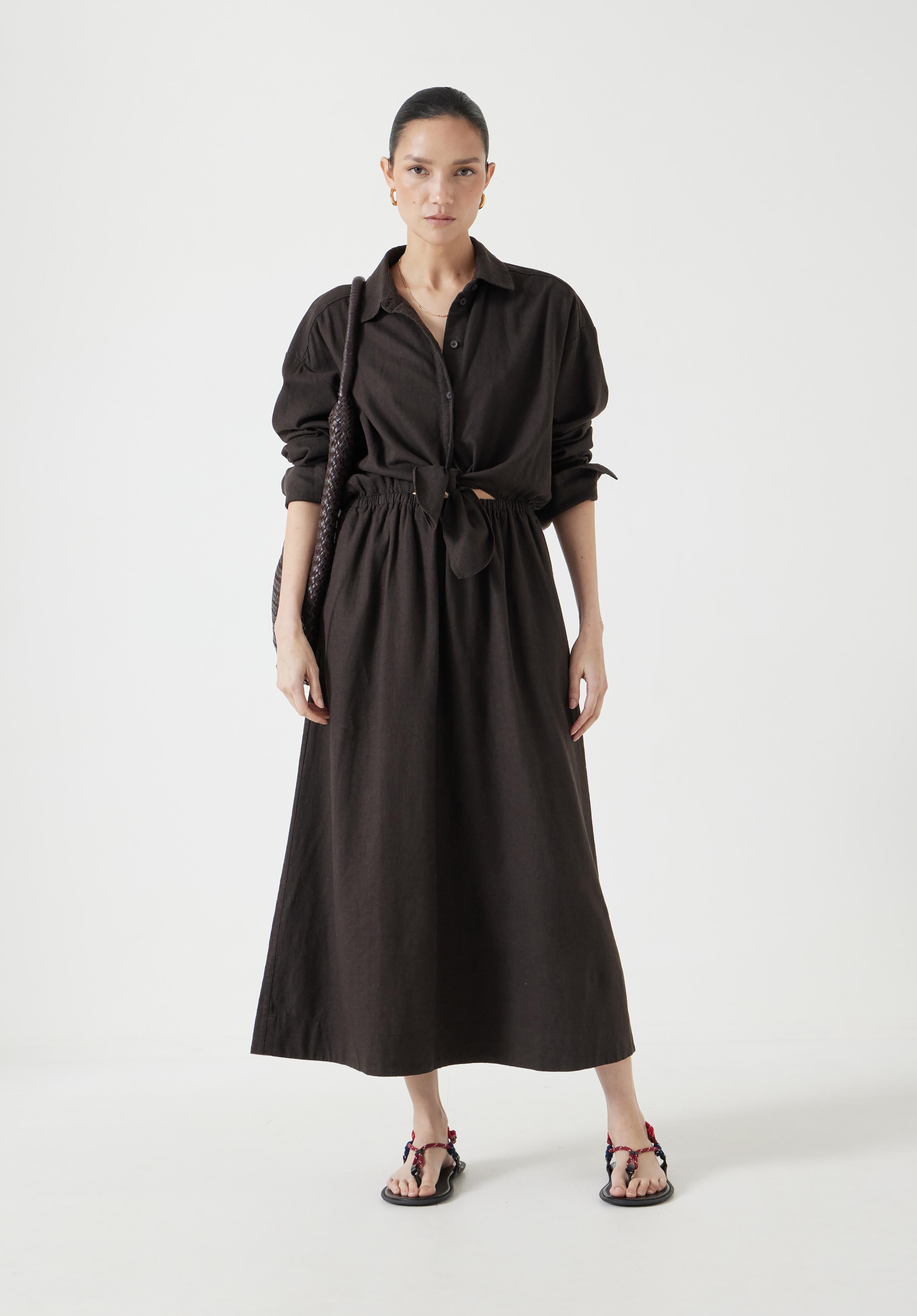 Front Bow Linen Blend Maxi Shirt Dress