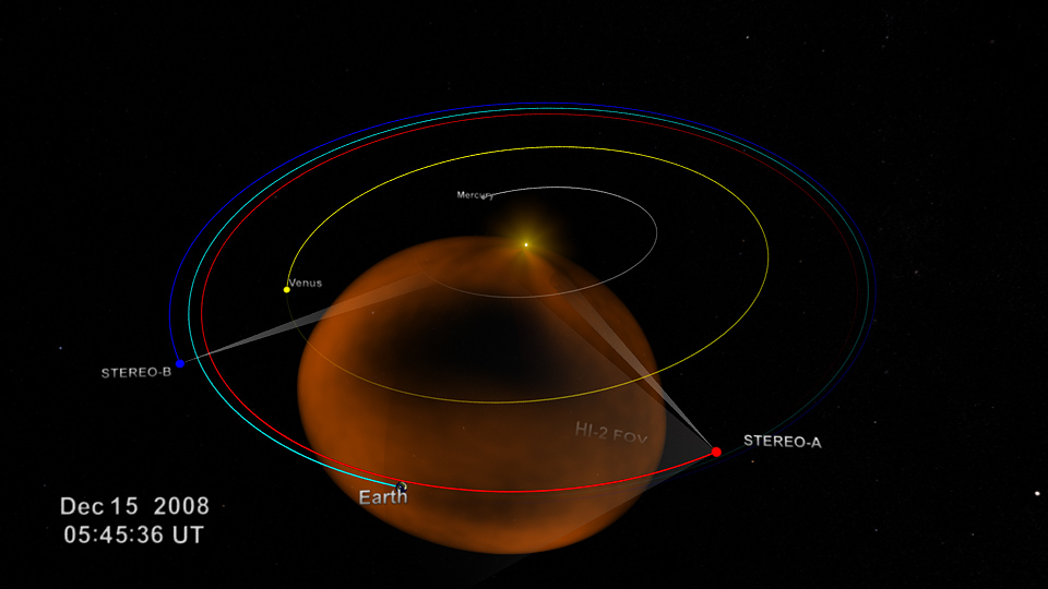 Still from NASA video showing the fields of view of NASA&#039;s STEREO spacecraft during a December 2008 coronal mass ejection.