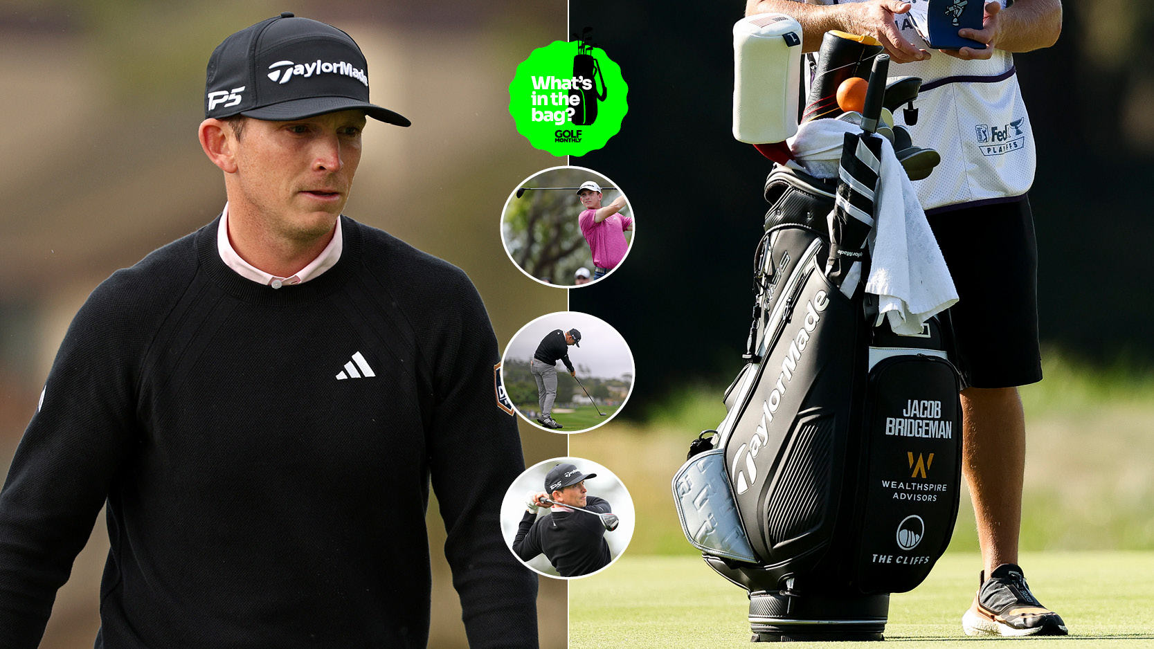 Jacob Bridgeman hits a shot, with a close up of his golf bag