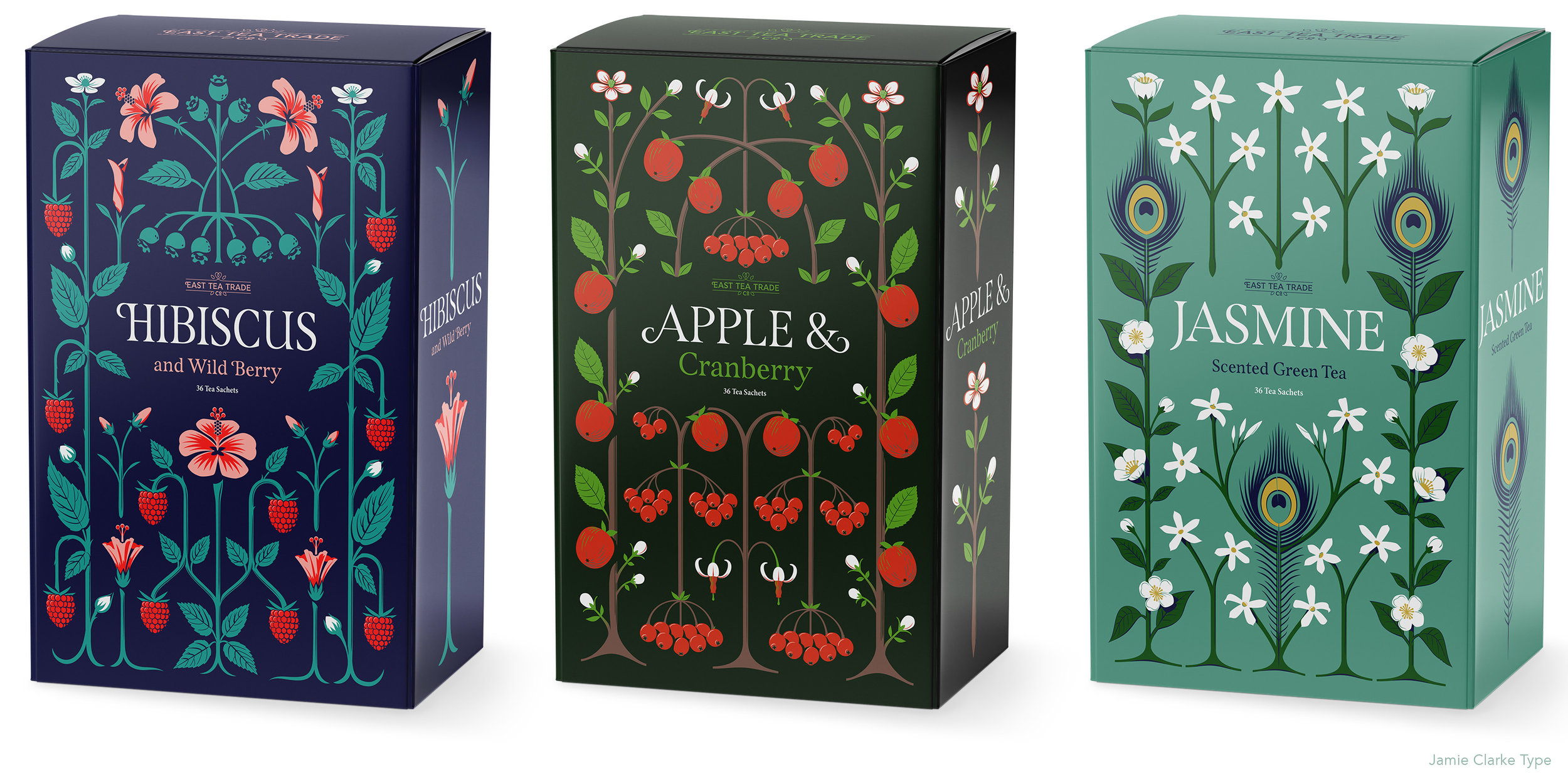 Three tea boxes adorned with geometric flower patterns