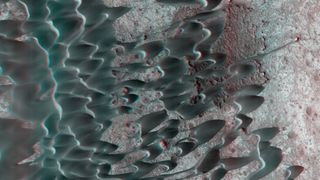 Dunes in Nili Patera are visible in this 3D image taken from Mars orbit, by the Mars Reconnaissance Orbiter's High Resolution Imaging Experiment (HiRISE).