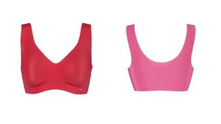 Sloggi zero feel bra front and back, front in red, back is shot in the pink