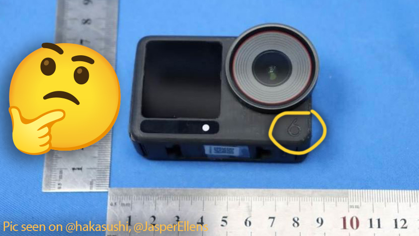 Leaked image purporting to be an Osmo Action 6 with two rulers and a 'hmmm' emoji