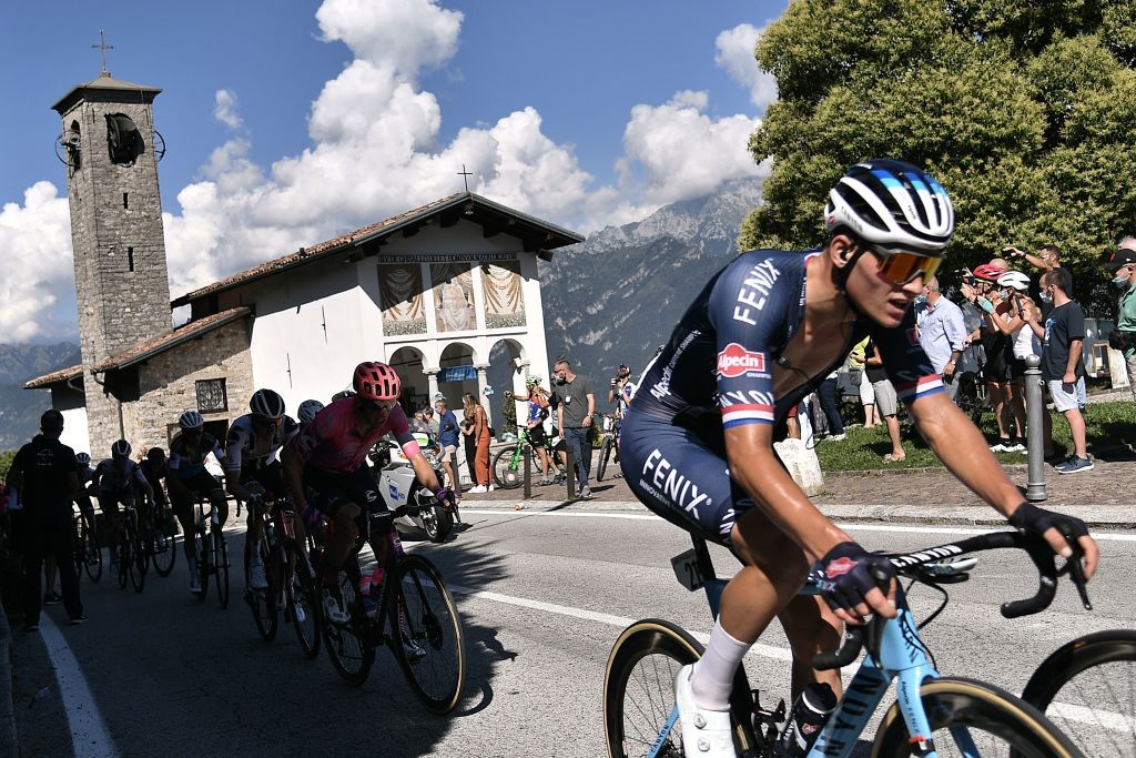 AlpecinFenix Dutch rider Mathieu van der Poel climb past the Shrine of Madonna del Ghisallo during the 114th edition of the giro di Lombardia Tour of Lombardy a 231 km cycling race from Bergamo to Como on August 15 2020 Photo by Marco Bertorello AFP Photo by MARCO BERTORELLOAFP via Getty Images