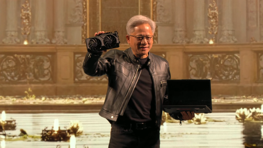 Jensen Huang holding aloft a Nvidia GeForce RTX 5060 graphics card alongside a similarly powered MSI laptop at Nvidia&#039;s Computex 2025 keynote.