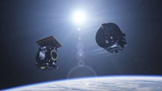 A pair of spacecraft orbiting Earth with the sun in background
