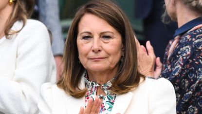 Carole Middleton wears a white blazer on day four of the Wimbledon Tennis Championships at the All England Lawn Tennis and Croquet Club on July 04, 2024