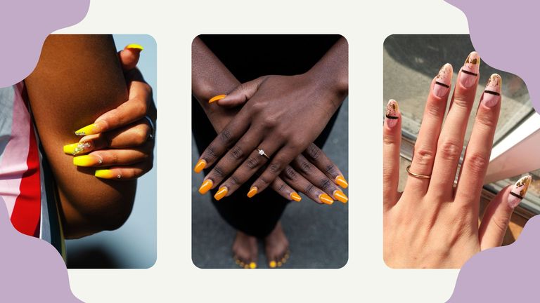 Three women's hands with various nail designs including orange manicure, striping nail art and acrylic extensions