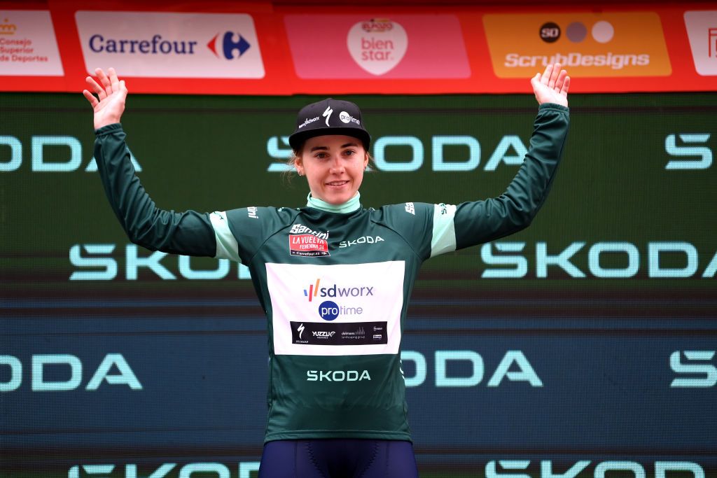 TERUEL SPAIN APRIL 30 Blanka Vas of Hungary and Team SD Worx Protime celebrates at podium as Alison Jackson of Canada and Team EF EducationCannondale Green Points Jersey winner during the 10th La Vuelta Femenina 2024 Stage 3 a 1303km stage from Lucena del Cid to Teruel UCIWWT on April 30 2024 in Teruel Spain Photo by Alex BroadwayGetty Images