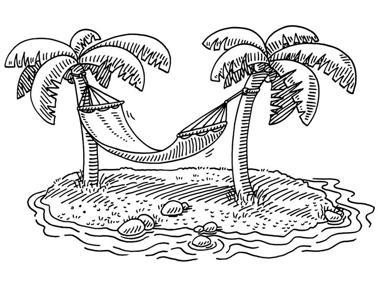 Hammock between palm trees on a beach