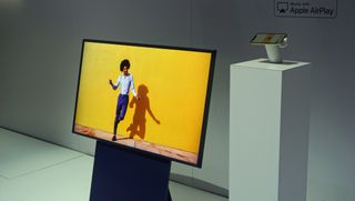 The Samsung Sero TV next to an art exhibit.