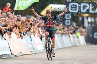 Eli Iserbyt celebrates winning the Ruddervoorde Superprestige, one of his five victories so far this cyclocross season