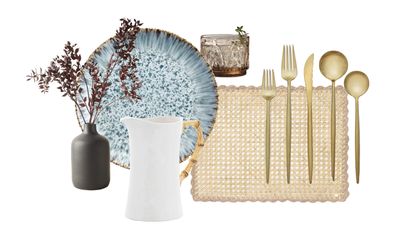 Collage of a vase, plate, tablemat, cutlery, glass and jug for a fall Sunday dinner