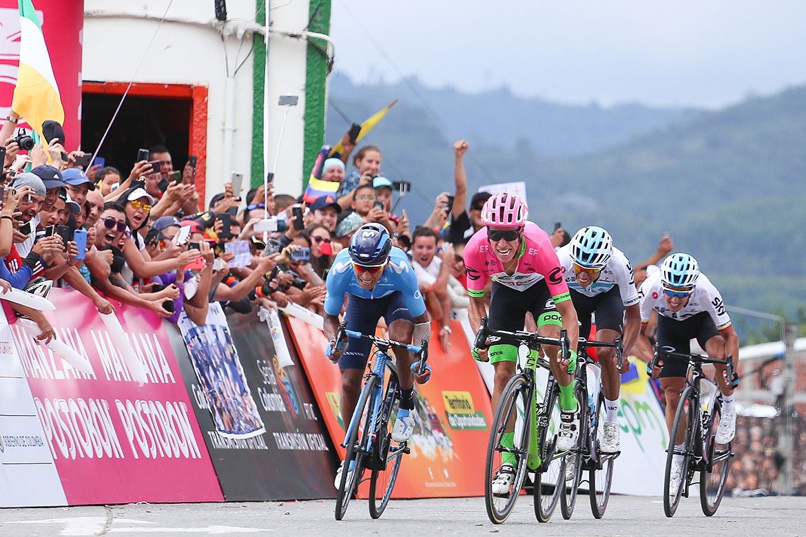 Rigoberto Uran (EF-Drapac) muscles past Nairo Quintana (Movistar)