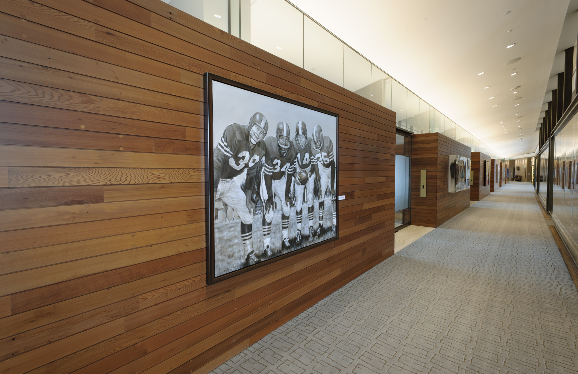 Reclaimed redwood from Hangar One at NASA&#039;s Ames Research Center in Moffett Field, California lines the halls of Levi&#039;s Stadium in Santa Clara, home of Super Bowl 50.