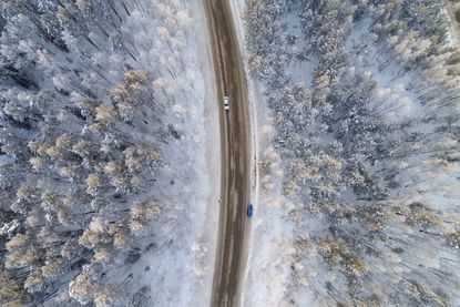 A wintery road outside Krasnoyarsk, Russia.