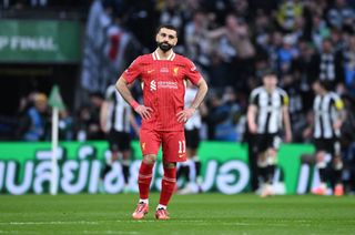 LONDON, ENGLAND - MARCH 16: Mohamed Salah of Liverpool looks dejected after Alexander Isak of Newcastle United (not pictured) scored his team's second goal during the Carabao Cup Final between Liverpool and Newcastle United at Wembley Stadium on March 16, 2025 in London, England. (Photo by Justin Setterfield/Getty Images)