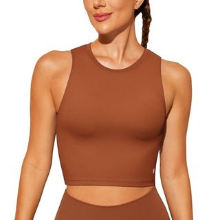 Baydi Sports Bra Removable Padded Crop Tops High Neck Tank Tops With Built in Bra Longline Yoga Workout Top Brown