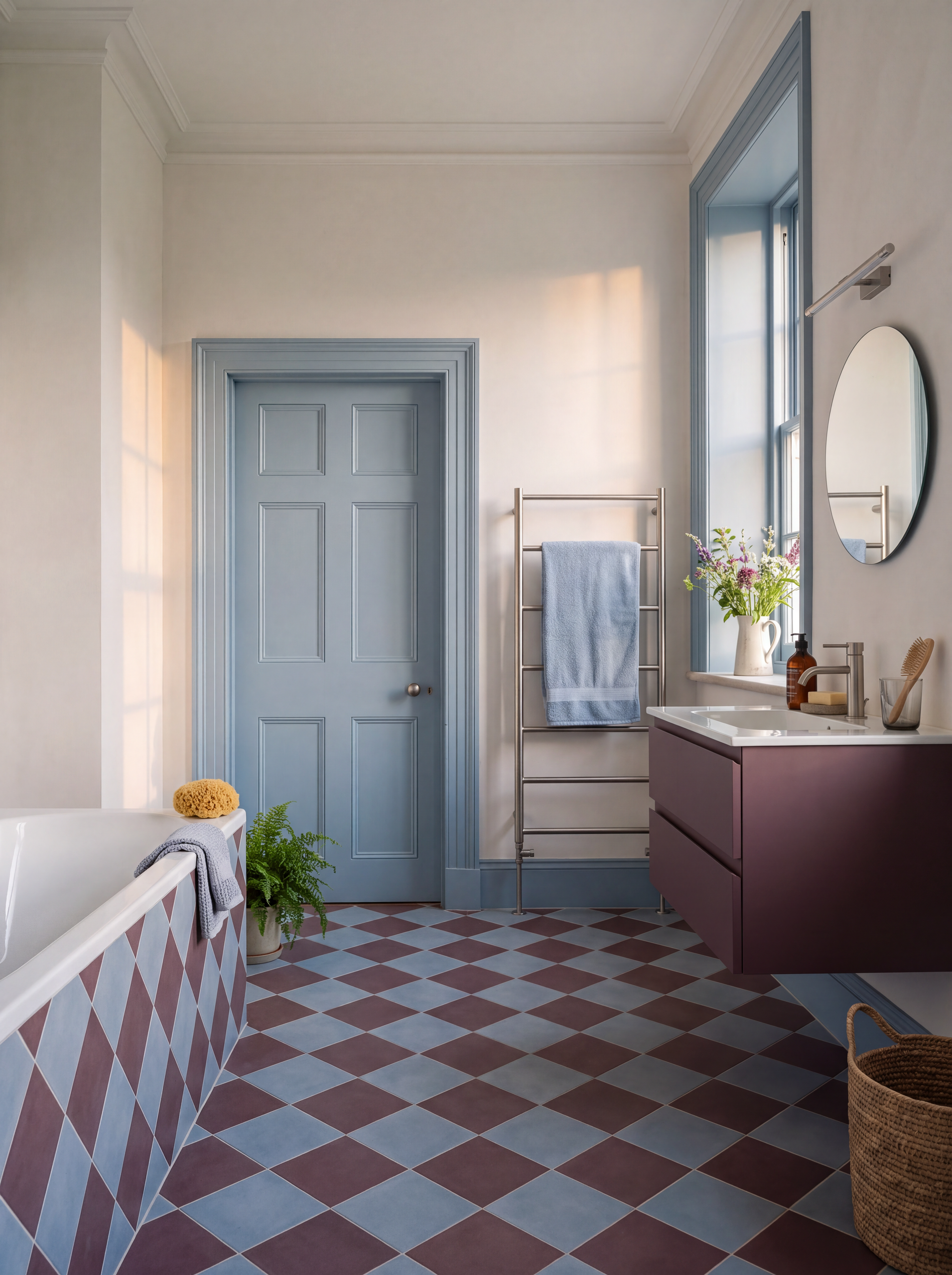 A bright bathroom with white walls, light blue trim and door, and brown and blue diamond tiles on the floor and tub.