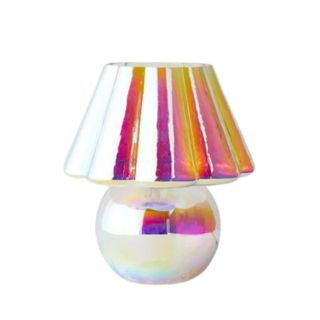 A lamp with an iridescent material and pink, orange, and white reflections
