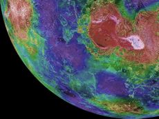 This hemispheric view of Venus was created using more than a decade of radar investigations culminating in the 1990-1994 Magellan mission, and is centered on the planet's North Pole. This composite image was processed to improve contrast and to emphasize 