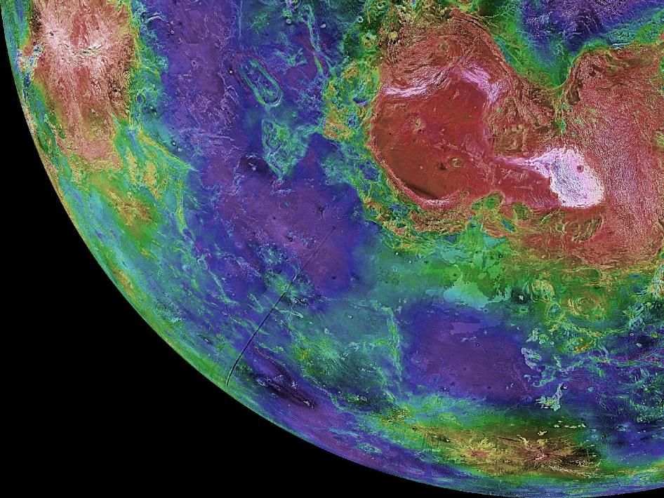 This hemispheric view of Venus was created using more than a decade of radar investigations culminating in the 1990-1994 Magellan mission, and is centered on the planet&#039;s North Pole. This composite image was processed to improve contrast and to emphasize 