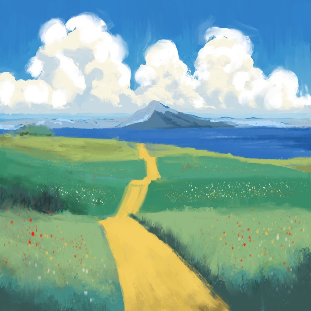 Wacom Intuos Pro review; a yellow path crosses green fields leading to an ocean with fluffy white clouds