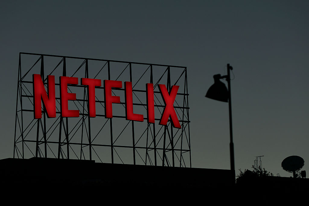 The Netflix logo is seen on the roof of an office building in Los Angeles, California