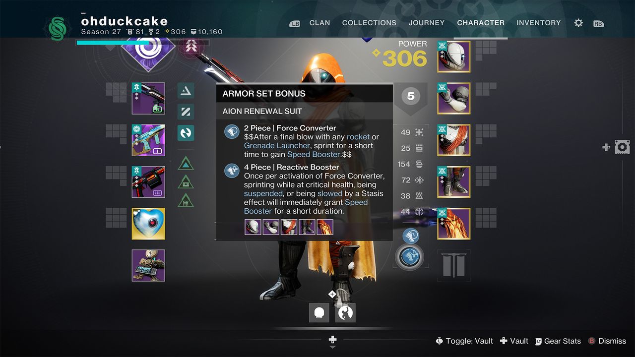 Destiny 2 armour set bonuses: The Aion Renewal Suit armour bonus highlighted in the inventory screen.