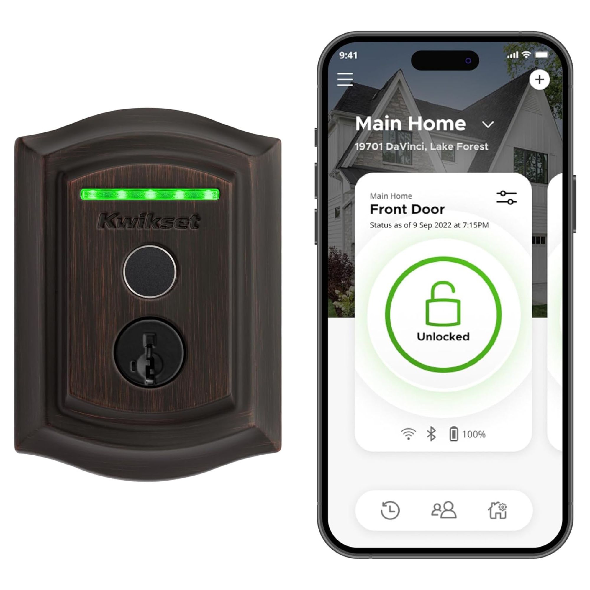 Kwikset Halo Touch smart lock and smartphone showing screen of Kwikset app against white background.