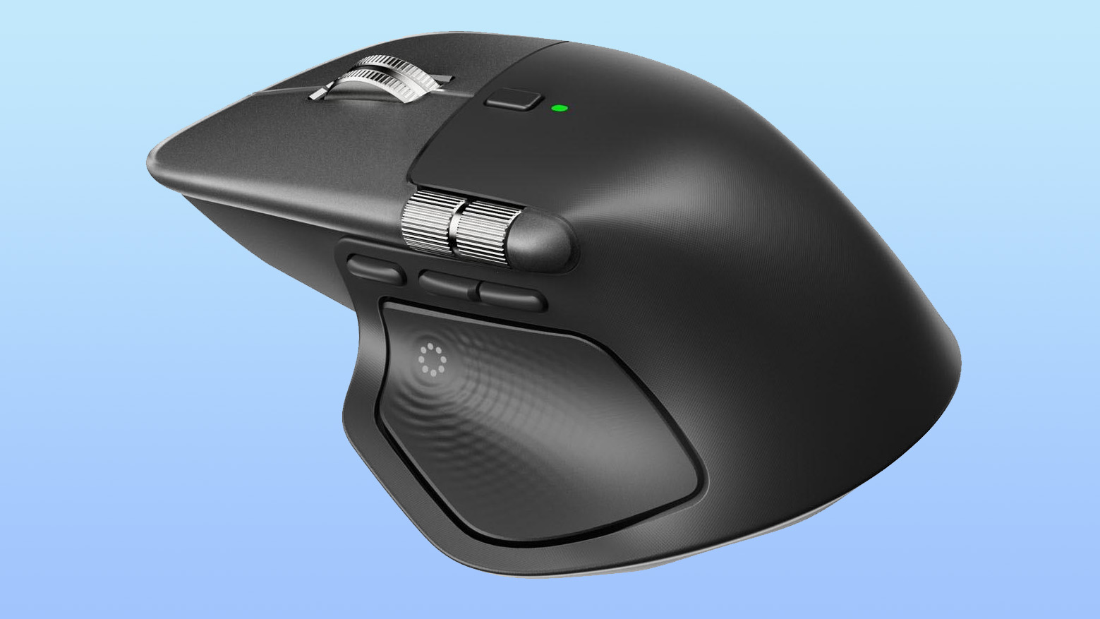Presumed Logitech MX Master 4 close-up showing the mouse on a blue gradient background.