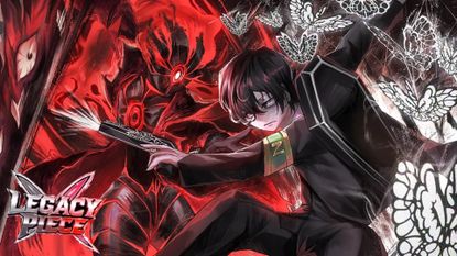 A dark-haired boy shoots a large boss in Legacy Piece on Roblox.