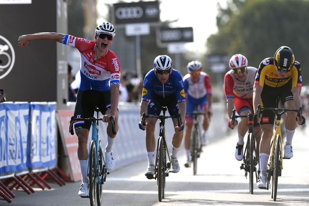 Mathieu van der Poel (Alpecin-Fenix) celebrates victory at the UAE Tour