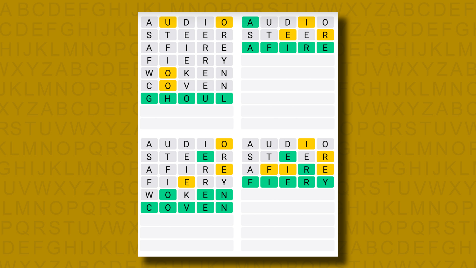 Quordle answers for game 1119 on a yellow background