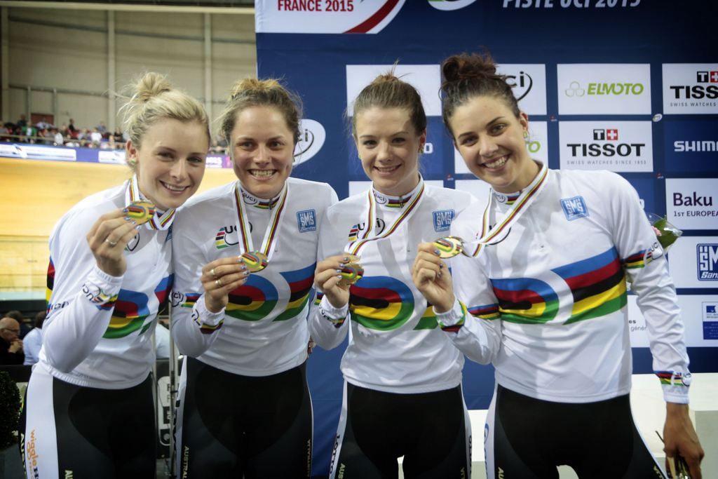 Annette Edmondson, Ashlee Ankudinoff, Amy Cure and Melissa Hoskins celebrate winning the team pursuit in world record time