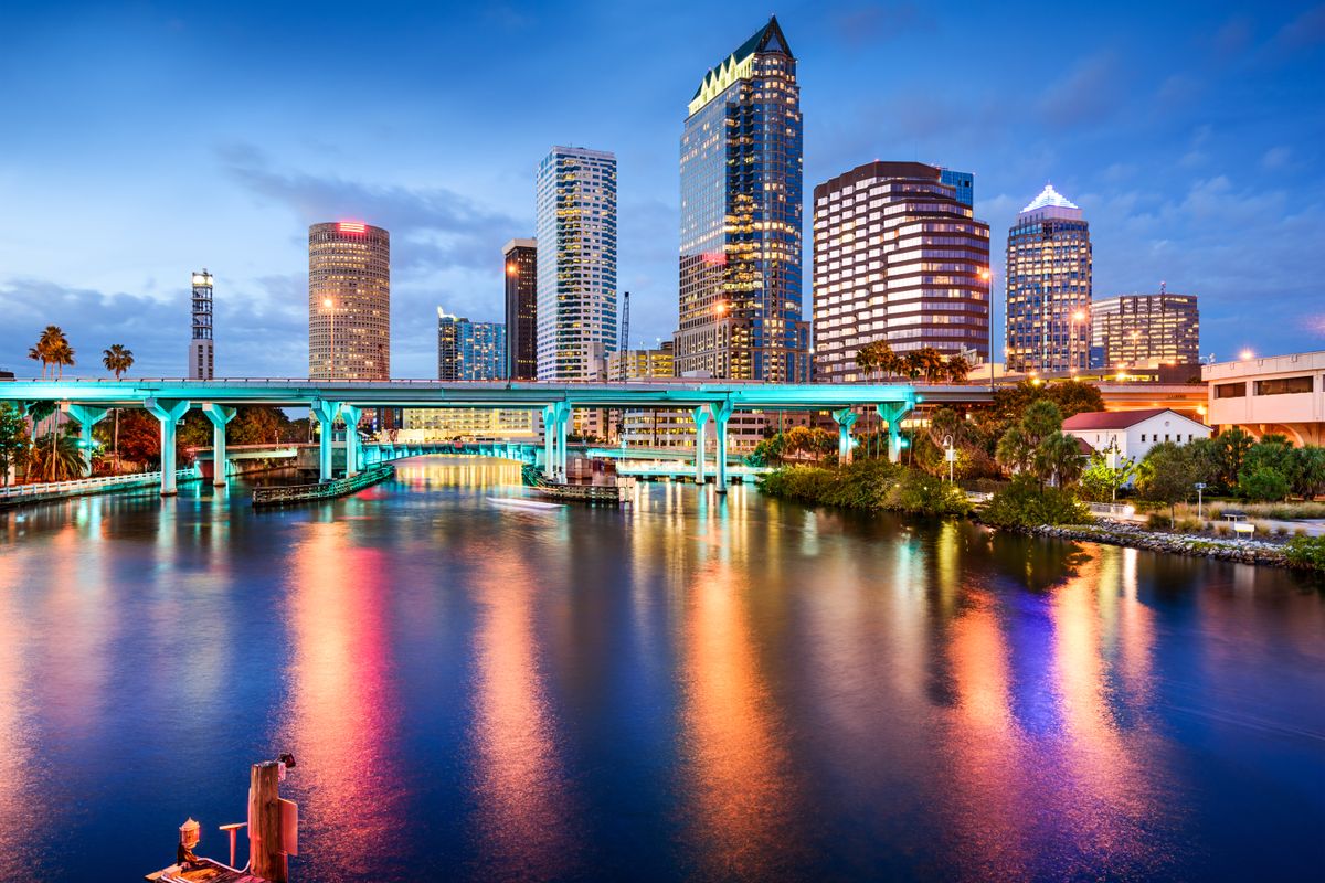 The view of the Tampa, Florida skyline as seen from the Bay