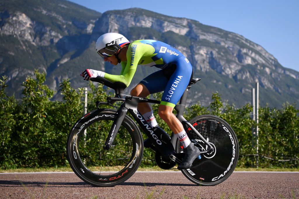TRENTO ITALY SEPTEMBER 09 Tadej Pogacar of Sloveniasprints during the 27th UEC Road Cycling European Championships 2021 Elite Mens Individual Time Trial a 224km race from Trento to Trento UECcycling ITT on September 09 2021 in Trento Italy Photo by Justin SetterfieldGetty Images